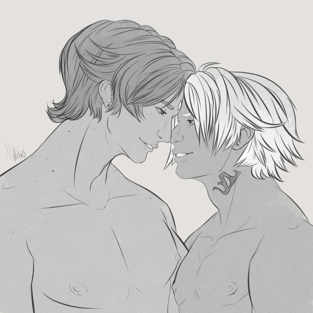 A simple of illustration of Nikolas Desrosier (left) and Thancred Waters (right) looking to each other and smiling softly.  Their foreheads touch and are both shirtless.