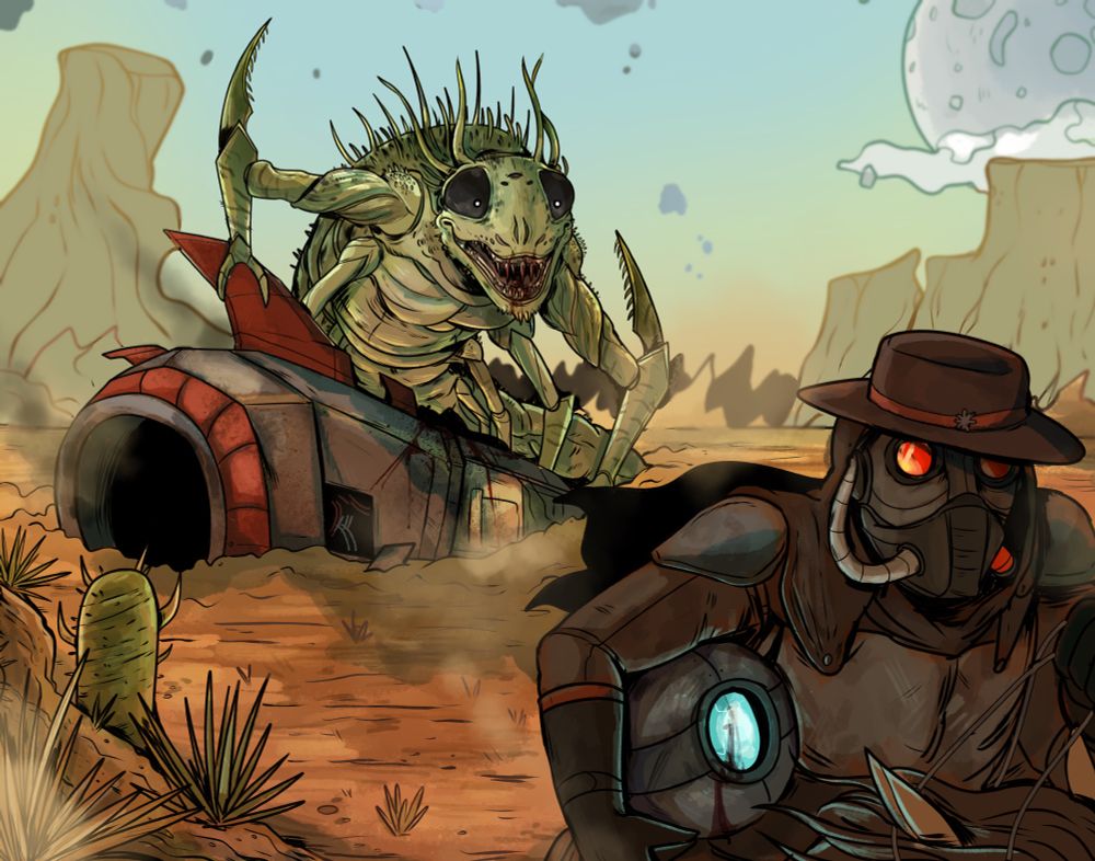 An illustration taking place in a dusty, desert-like setting. A giant insectoid creature stands over a crash ship, eyeing a masked figure riding away with a mysterious blue object.
