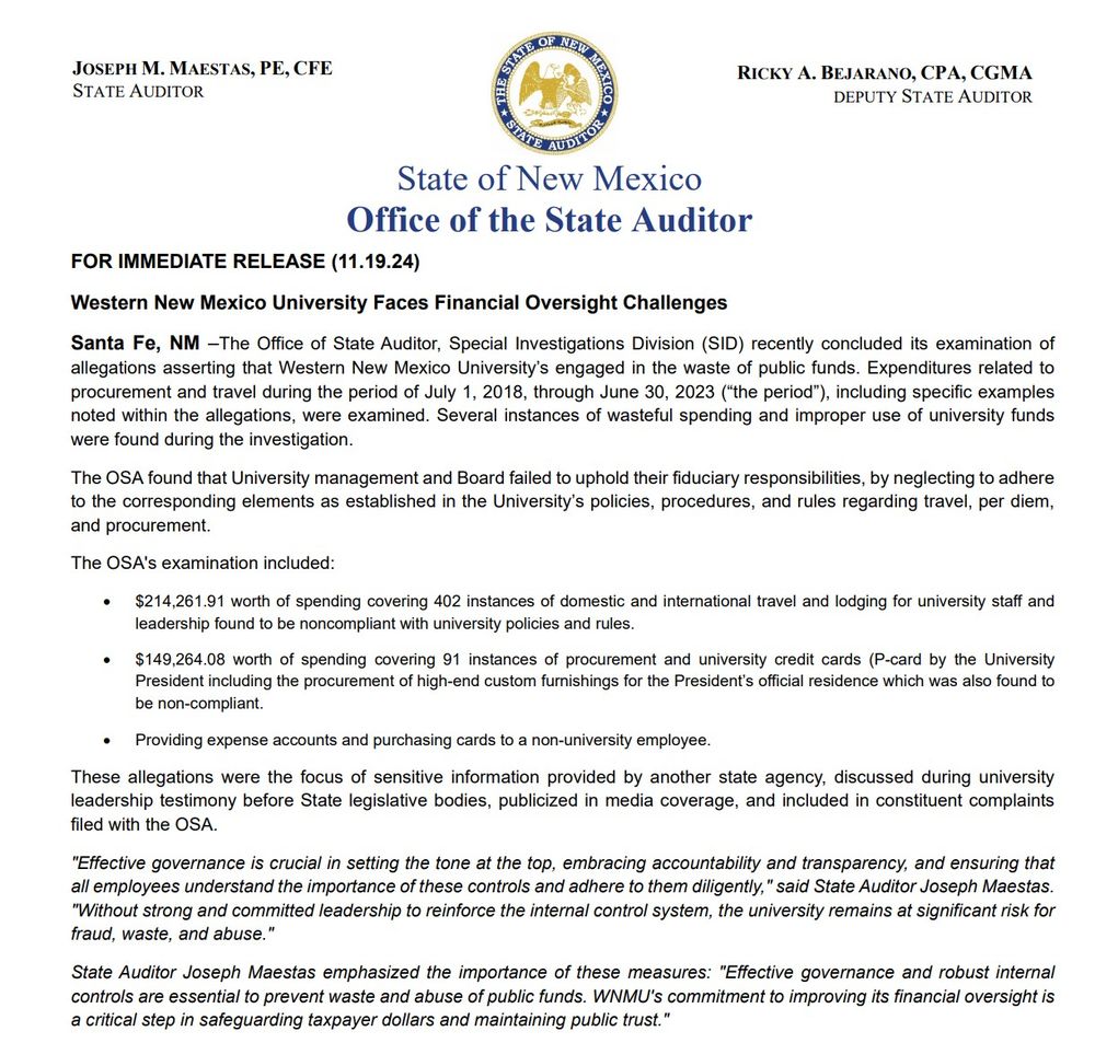 A letter from the New Mexico Office of the State Auditor announcing that its examination of Western New Mexico University's finances has found "wasteful," "improper" and "non-compliant" spending. The examination was launched after Searchlight New Mexico reported on the university's spending on international trips and high-end home furnishings.