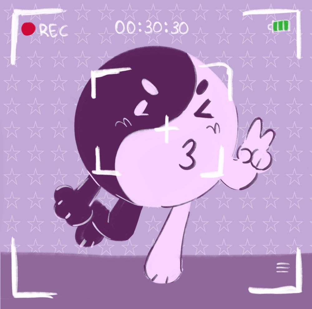 yinyang viewed through a camera actively recording, they are standing on one leg with the other kicked up behind them. yangs hand is by their side and yins is held up with a peace sign. yins eye is winking and they are pursing their lips. the background is purple with a repeating star background