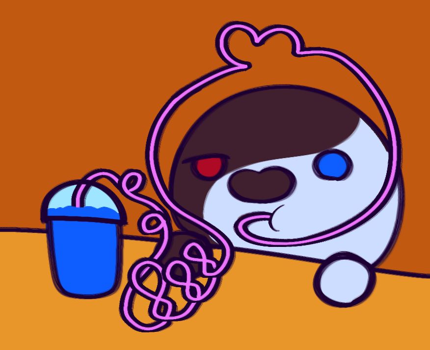 yinyang drinking a blue slushie with an extremely long curly straw, lots of curls and twists in the straw. their hands are resting on the table while they drink