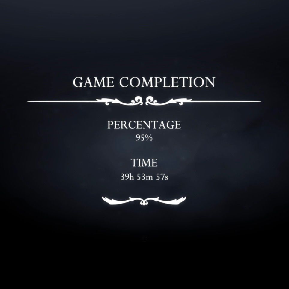 Screenshot of the Hollow Knight: Silksong completion screen, with 95% completion over 39h 53m 57s