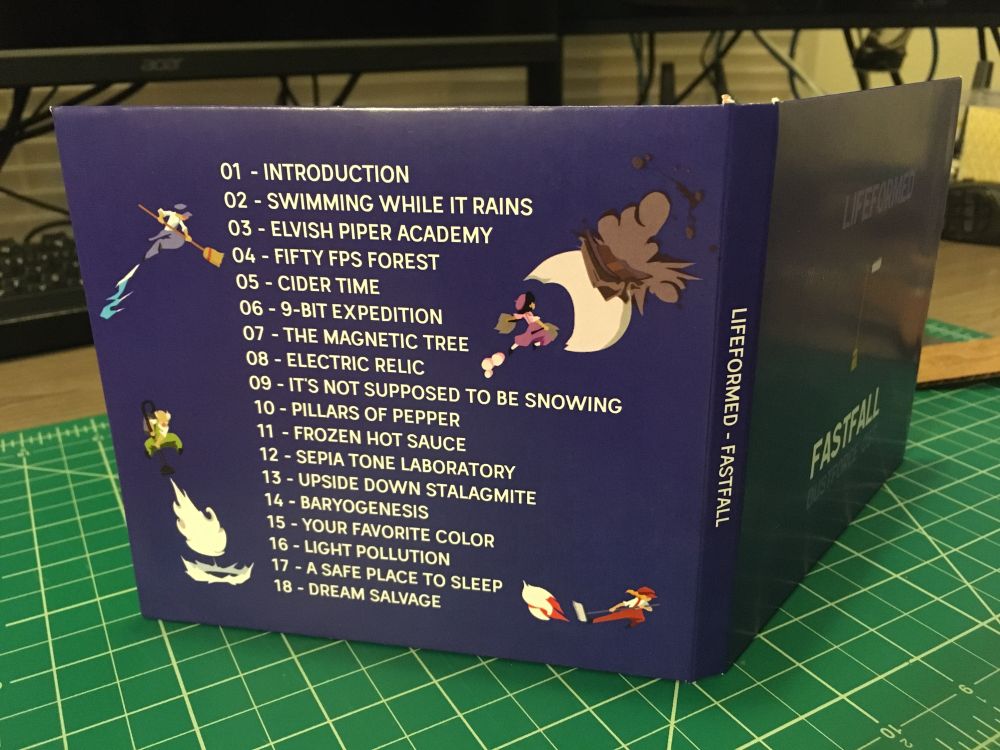 The tracklist for the soundtrack. The 4 playable characters are seen in action poses around the text