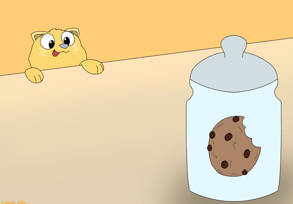 My yellow kitten OC named Macaroni, who is peeking out from the table, looking at the cookie jar