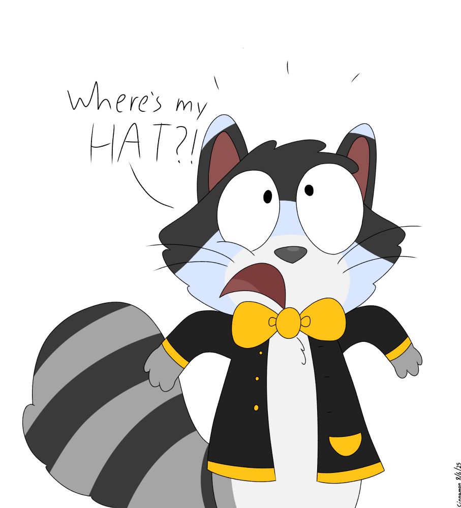 My drawing of Cinnamon the Cat-Racc in his outfit... except his hat is gone missing! Cinna is shown in a very cartoony shocked impression, saying "Where's my HAT?!"