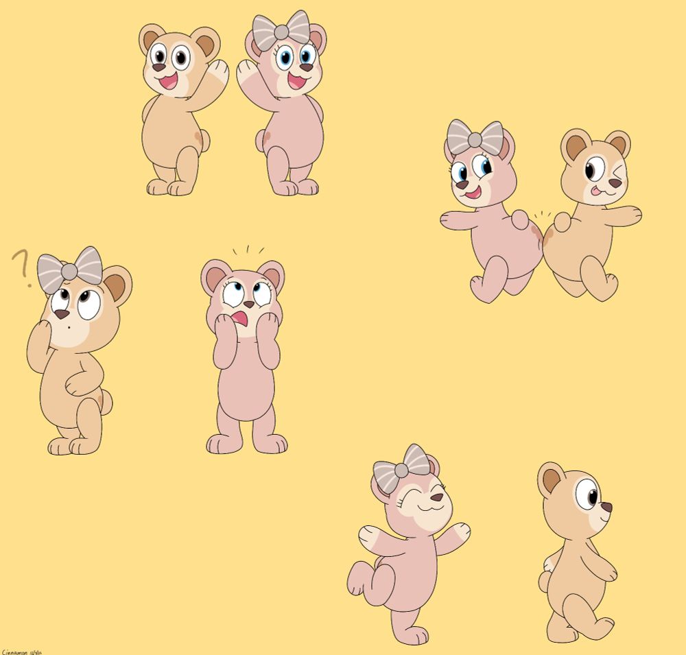 My doodles of two bears named Duffy and ShellieMay from Disney's Duffy and Friends franchise

- Both of them are waving hello at the viewer in unison
- Both are giving a playful tush bump
- ShellieMay found out she have lost her head bow, not realizing it's on Duffy's head which he found her bow, not knowing how it got there
- Both are having a stroll, Duffy is walking normally while ShellieMay gracefully danced around while following him
