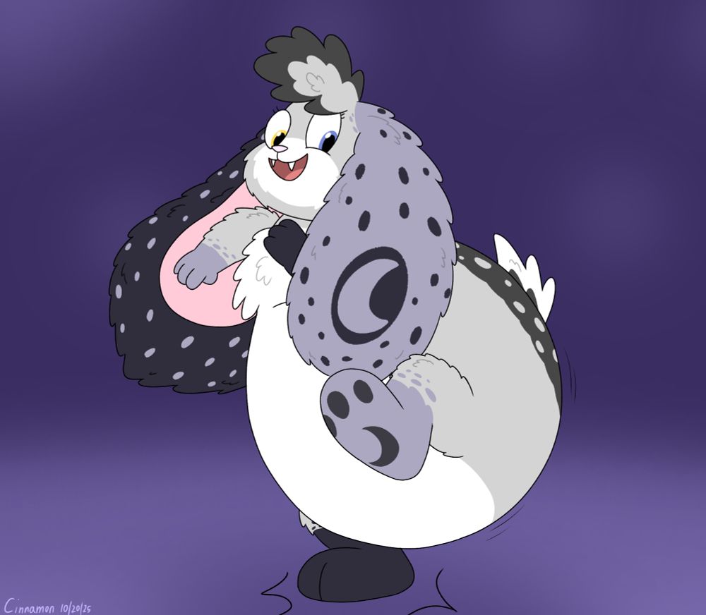 Moonrina in her Werebunny Full Moon form! She's now more fluffy, big, and rounded, along with fur pattern changes! She's in her joyful pose with her one paw stomp to the ground with her other leg raised up