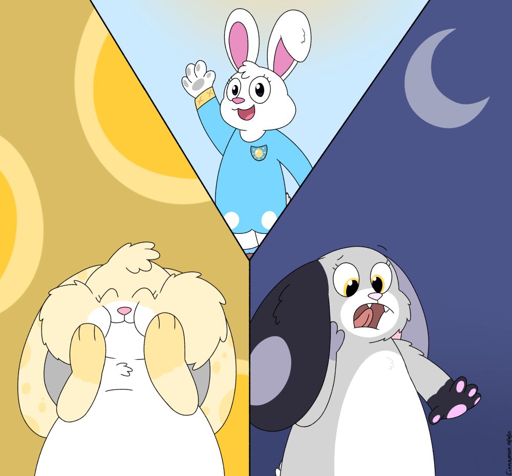 My drawing of my Rina Sisters!

Above is Sunrina, an Easter bunny who is wearing her blue dress, giving a wave to the viewer.

The far left is Rinalina, the chonkiest big sister, shown with her chubby cheeks full of food in her mouth

The far right is Moonrina, the middle-aged sister, she's looking at her mouth, feeling a bit surprised finding out she got little fangs. It's her Werebunny Waxing Gibbous form