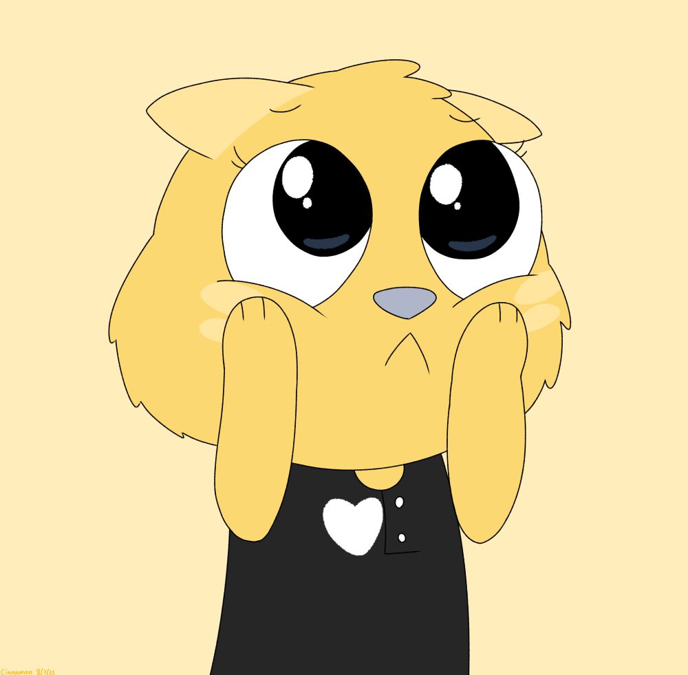 My drawing of Macaroni the yellow cat. She's drawn in half body, shown with her sad eyes facial impression with a face cheek squish by her both paws
