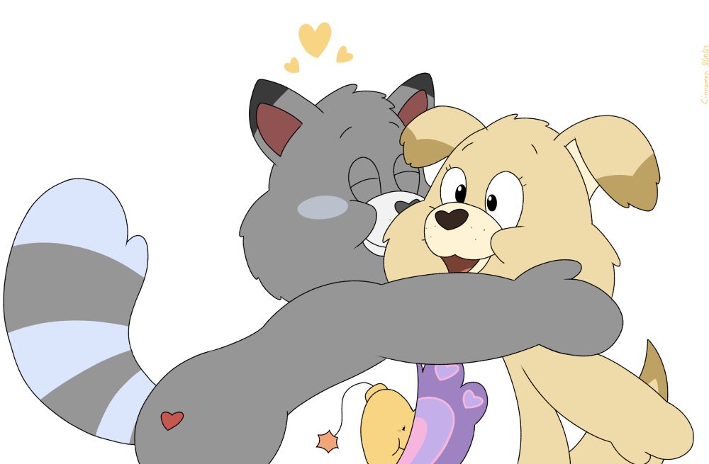 My drawing of my care bear OC Cuteness Bomb Heart and Nina's (DoggoneDogStudios) care bear OC Empathy Heart Retriever 

It's showing Cuteness Bomb giving Empathy Heart a surprise hug out of nowhere, which made Empathy feel surprised with a sudden hug from him 