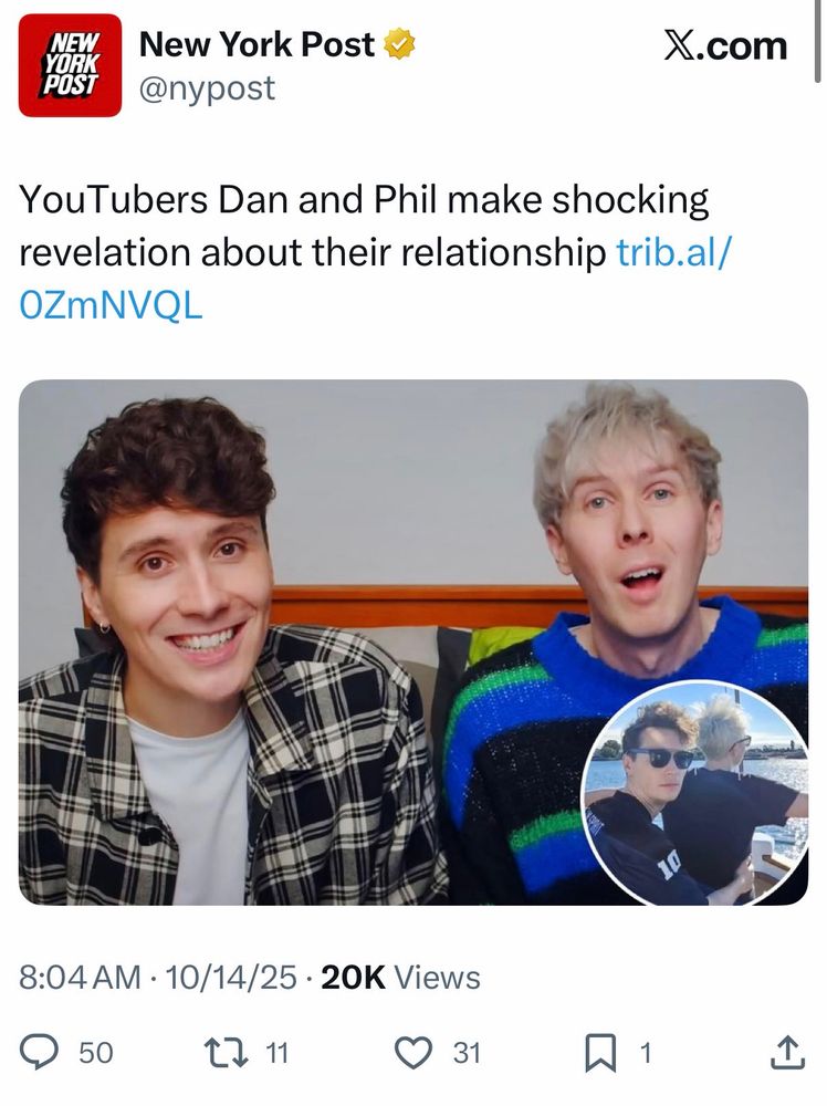 Screenshot of a Twitter post from the New York Post:

“YouTubers Dan and Phil make shocking revelation about their relationship trib.al/ OZmNVQL”

