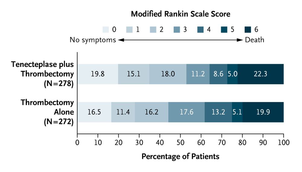 A figure showing the distribution of scores on the modified Rankin scale at 90 days in the intention-to-treat population 
