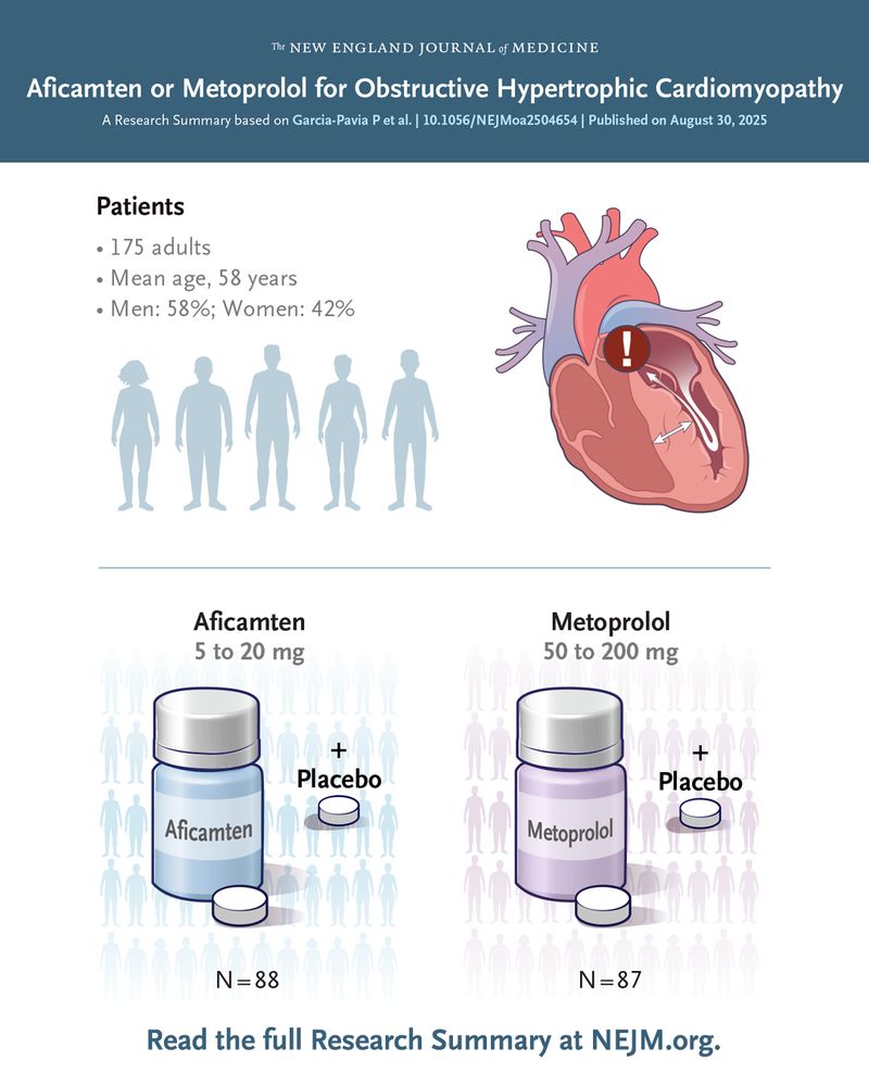 The New England Journal of Medicine                  
Aficamten or Metoprolol for Obstructive Hypertrophic Cardiomyopathy 
A Research Summary based on Garcia-Pavia P et al. | 10.1056/NEJMoa2504654 | Published on August 30, 2025 

Visual representations of the patients in the trial and the treatments they were assigned.                      

Read the full Research Summary at NEJM.org. 