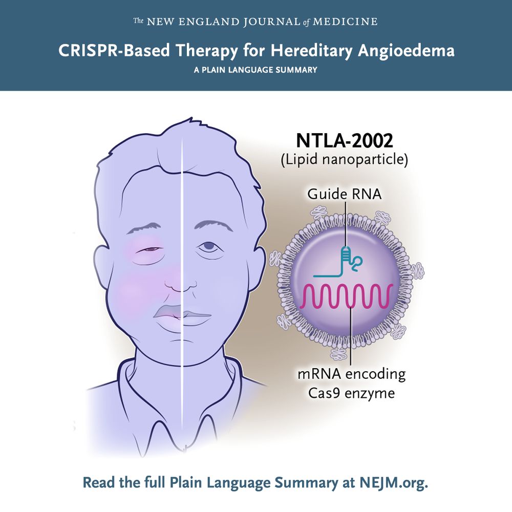 The New England Journal of Medicine    

CRISPR-Based Therapy for Hereditary Angioedema  

A PLAIN LANGUAGE SUMMARY    

Illustration of a patient with hereditary angioedema and NTLA-2002, a nonviral gene-editing therapy based on CRISPRCas9, for treatment. 

Read the full Plain Language Summary at NEJM.org. 