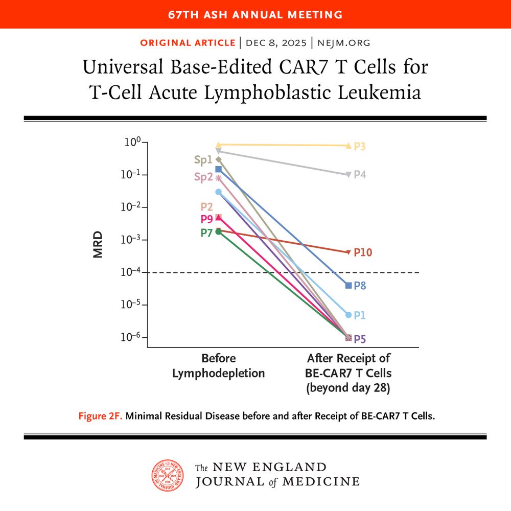 67th ASH Annual Meeting 
Original Article | Dec. 8, 2025 | NEJM.org 
Universal Base-Edited CAR7 T Cells for T-Cell Acute Lymphoblastic Leukemia 

Figure 2F. Minimal Residual Disease before and after Receipt of BE-CAR7 T Cells. 

The NEJM identity sits at the bottom. 
