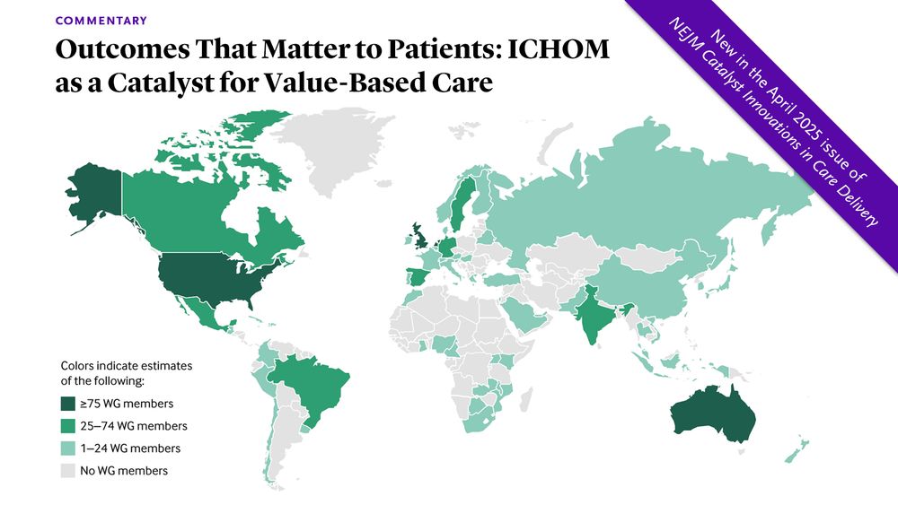 Commentary 

Outcomes That Matter to Patients: ICHOM as a Catalyst for Value-Based Care 

A map showing the country of origin of the working group members developing ICHOM measure sets 

New in the April 2025 issue of NEJM Catalyst Innovations in Care Delivery 
