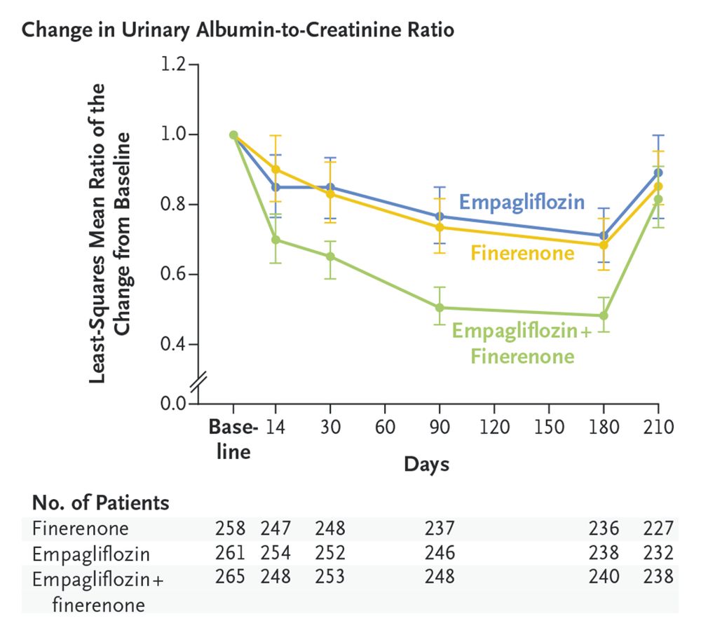 A graph of the least-squares mean ratio of the change from baseline in the urinary albumin-to-creatinine ratio in the full analysis population. 