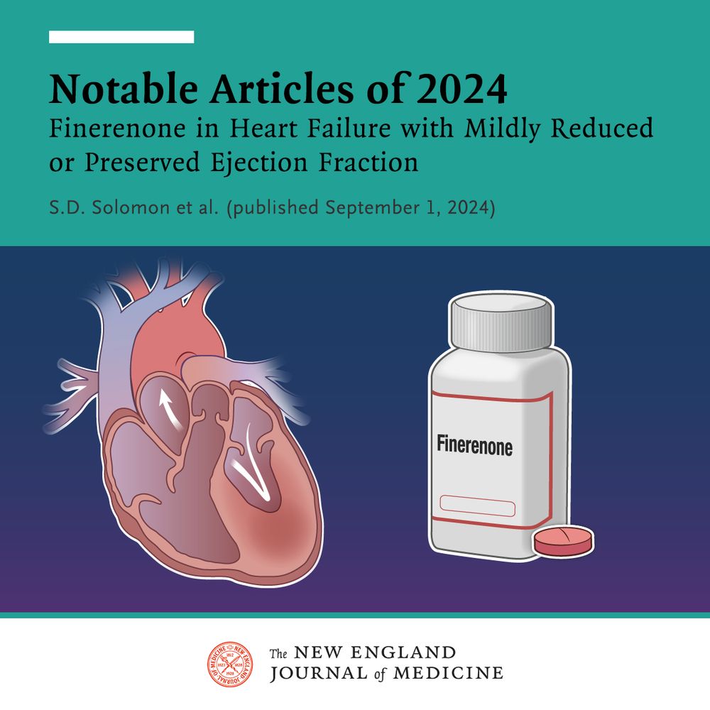 Notable Articles of 2024 
Finerenone in Heart Failure with Mildly Reduced or Preserved Ejection Fraction  
S.D. Solomon et al. (published September 1, 2024) 

Illustration of a heart and a bottle of finerenone  

The New England Journal of Medicine 