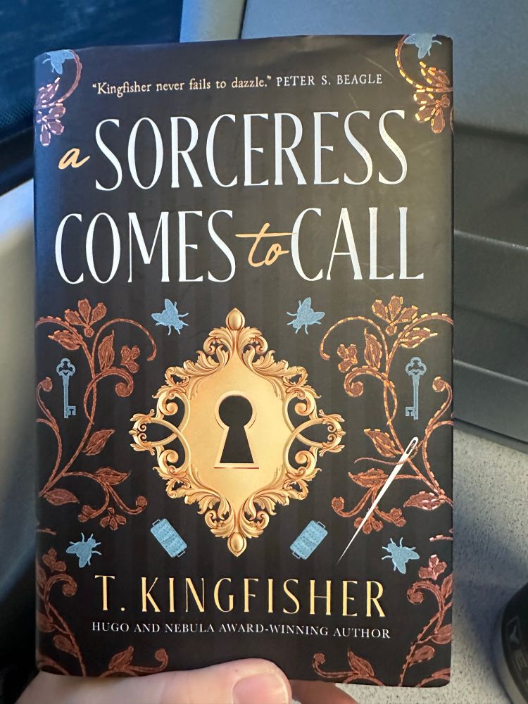 The cover of A Sorcerer Vomes to Call by T Kingfisher. A subtly striped black background overlaid with embroidered elements related to the story, an elaborate keyhole and a needle