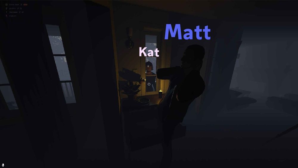 A image of two players from the game 'Phasophobia'. There are two names over each of the players, Matt (Purple) and Kat (pink).One of the players (Matt) had been hunted by the ghost and is in the process of unaliving while the other (Kat) is outside of the house and is watching the first player through the window.