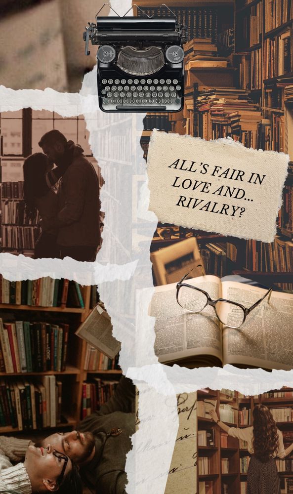 A collage of photos with a dark academia aesthetic, mostly at a library. 