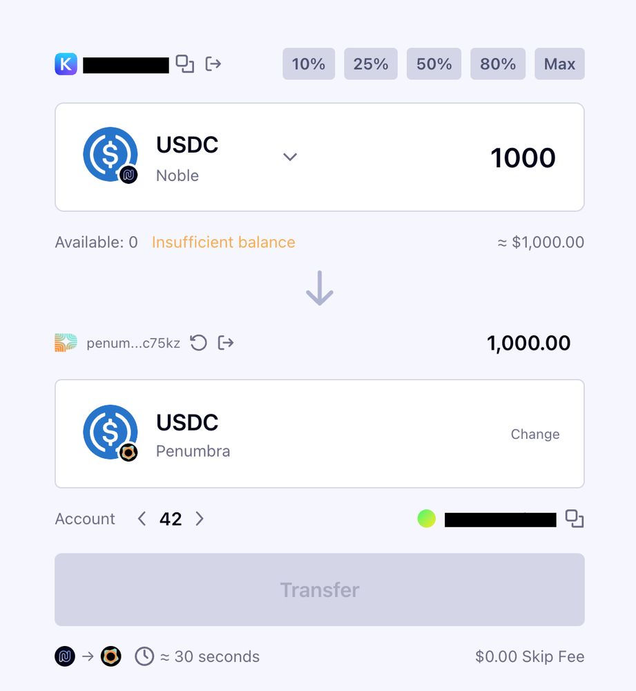 Penumbra is now supported as a destination on Noble Express, with full account and ephemeral address support