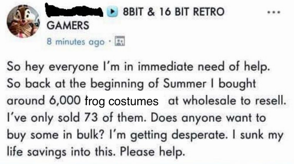 a reference to the meme of the guy who overestimated the demand for fidget spinners. it reads:

"8BIT & 16 BIT RETRO
...
GAMERS
8 minutes ago • a
So hey everyone I'm in immediate need of help.
So back at the beginning of Summer I bought around 6,000 frog costumes at wholesale to resell.
I've only sold 73 of them. Does anyone want to buy some in bulk? I'm getting desperate. I sunk my life savings into this. Please help."