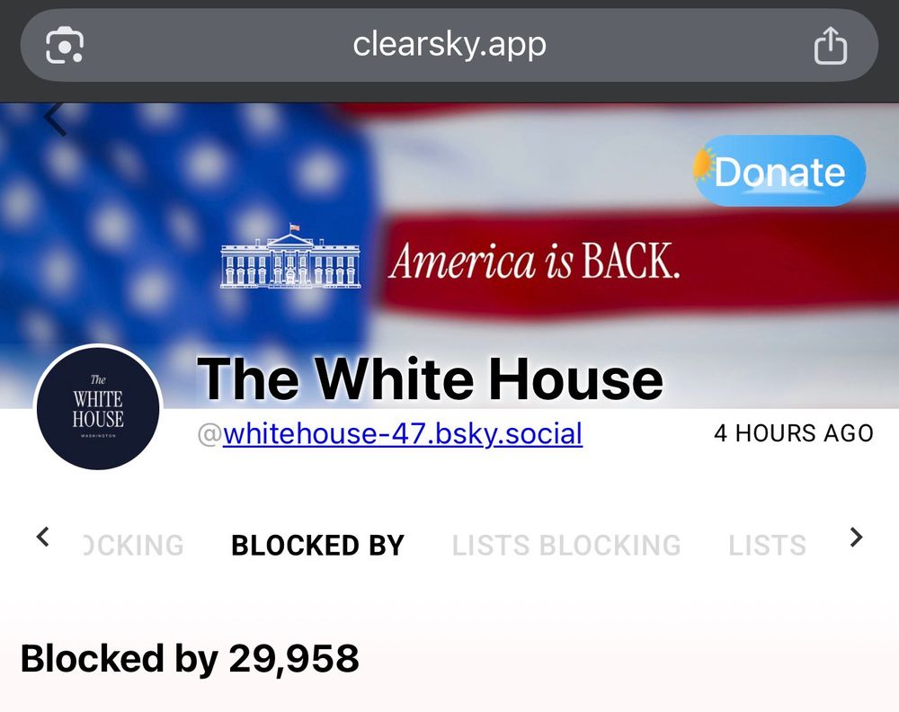 screenshot of clearsky.app showing @whitehouse-47.bsky.social blocked by 29,958 users