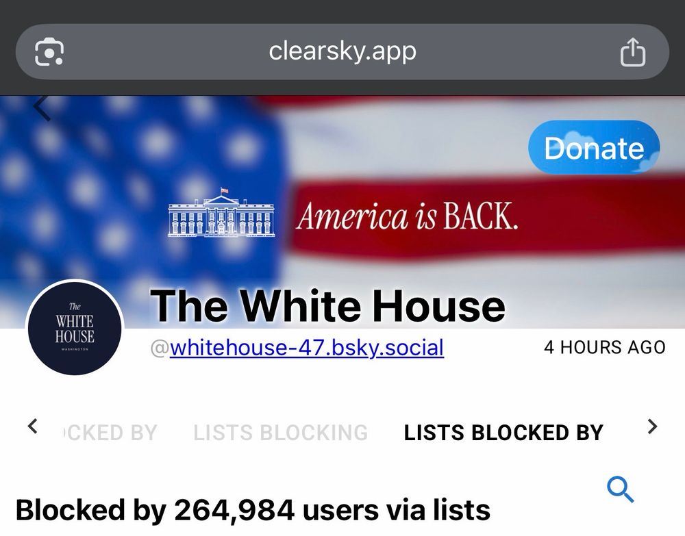screenshot of clearsky.app showing @whitehouse-47.bsky.social blocked by 264,984 users via lists