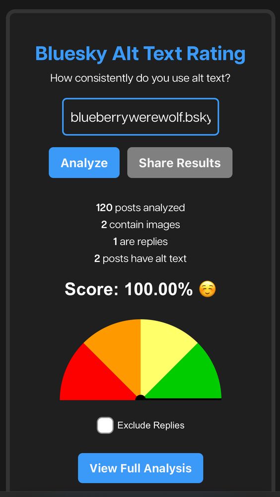 cred.blue screenshot showing my 100% score for using Alt Text