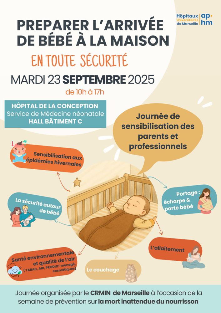 Affiche de la journée présentant date, lieu, horaires et thématiques de prévention autour de bébé.