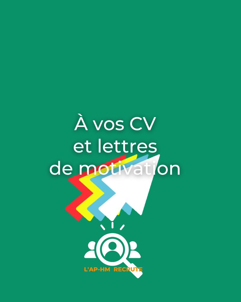 Texte sur fond vert : À vos CV et lettres de motivation, accompagné d’une icône représentant des documents multicolores. 