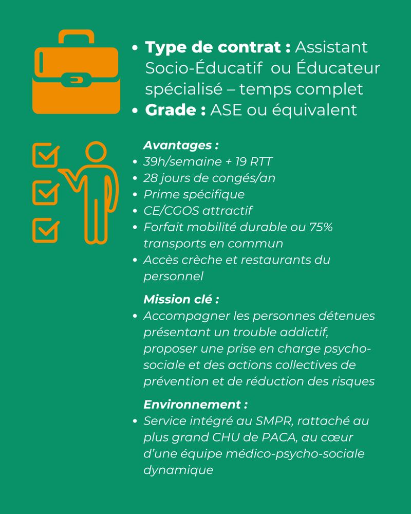 Texte sur fond vert avec icônes : Type de contrat : Assistant Socio-Éducatif ou Éducateur spécialisé – temps complet. Grade : ASE ou équivalent. Avantages : 39h/semaine + 19 RTT, 28 jours de congés/an, prime spécifique, CE/CGOS attractif, forfait mobilité durable ou 75% transports, accès crèche et restaurants du personnel. Mission clé : accompagner les personnes détenues présentant un trouble addictif, proposer une prise en charge psycho-sociale et des actions collectives de prévention et de réduction des risques. Environnement : service intégré au SMPR, rattaché au plus grand CHU de PACA, au cœur d’une équipe médico-psycho-sociale dynamique.