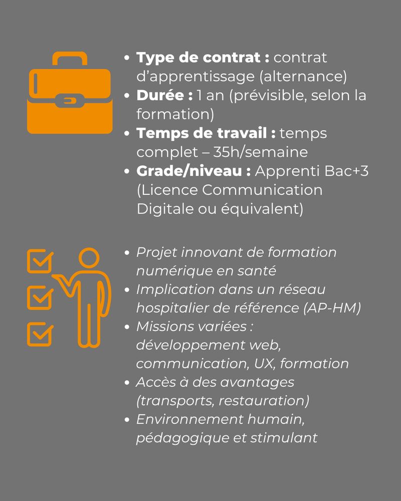 Fond gris illustré d’icônes orange. Liste des informations sur le contrat proposé : alternance, temps plein, niveau Bac+3. Points forts du poste listés en bas.