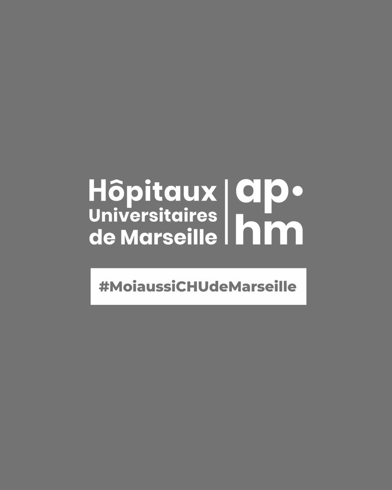Logo des Hôpitaux Universitaires de Marseille et texte "#MoiAussiCHUdeMarseille" sur fond gris.