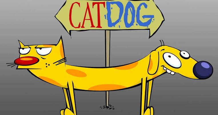 A half-dog half-cat cartoon. 