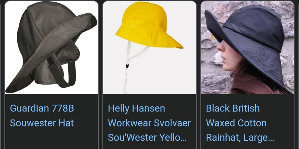 A screen grab from Google search showing a black, a yellow, and a Navy blue example of the Sou'western Rain Hat