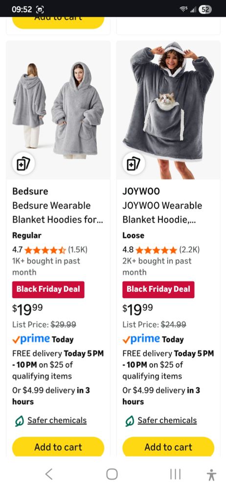 Amazon.com listings for an oversized sweatshirt that's basically a blanket with sleeves in pale Gray, and a similar one and dark gray with a kangaroo pocket on the front and a cat sticking out of it, both at $19.99