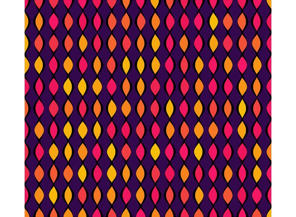 A diamond pattern on a warm purple background with geometric shapes in warm tones. The diamonds are randomly filled with bright pink, coral, orange, and golden yellow colors and arranged in a regular grid pattern with bold black outlines.