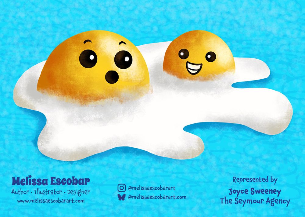 Illustration of two egg yolks sunny side up. The bigger egg yolk is surprised that the smaller egg yolk is there. The smaller egg yolk is grinning. By Melissa Escobar.