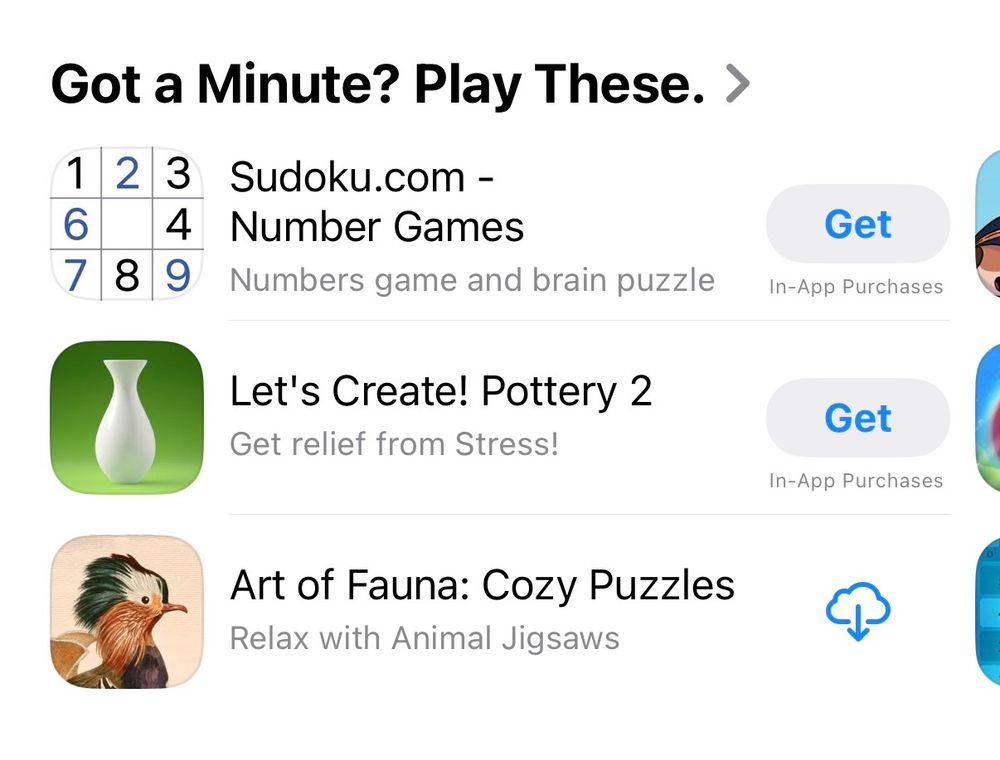 List called “Got a Minute? Play These.”, featuring “Sudoku.com”, “Let’s Create! Pottery 2” and “Art of Fauna”