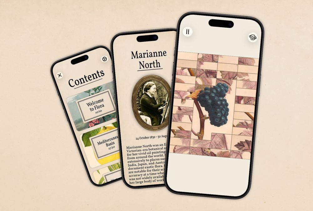 Mockup of three iPhones overlapping, all showing Art of Flora.

The left most shows the contents page, with a puzzle pack named "Welcome to Flora" and "Mediterranean basin"
The center one shows a description of the artist called "Marianne North", with a picture of her
The right most shows a half solved puzzle of a grape vine