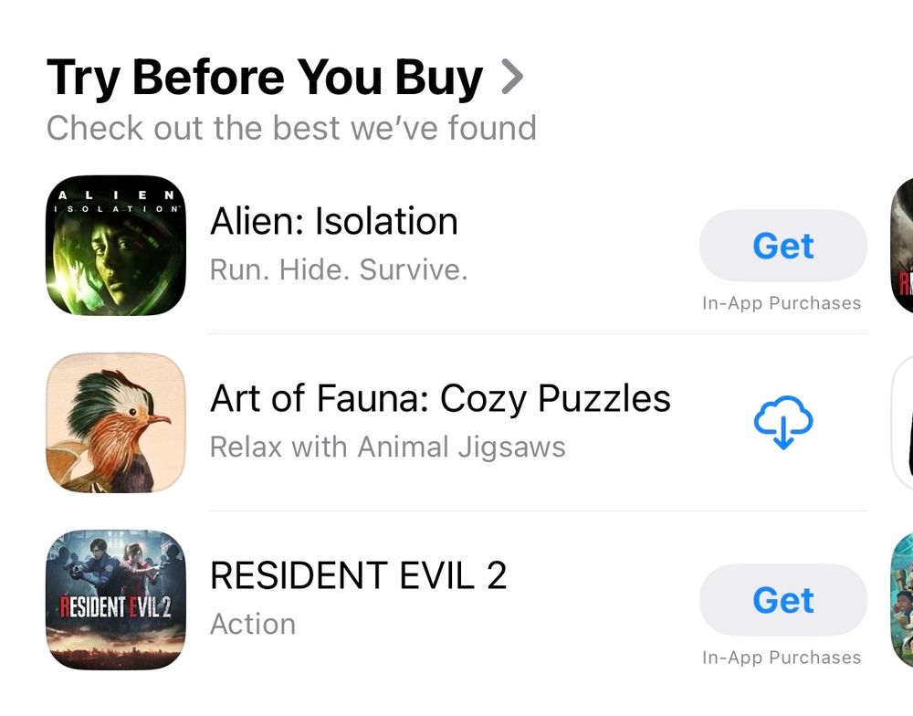 A list called Try before you buy, featuring “Alien: Isolation”, “Art of Fauna” and “Resident Evil 2”