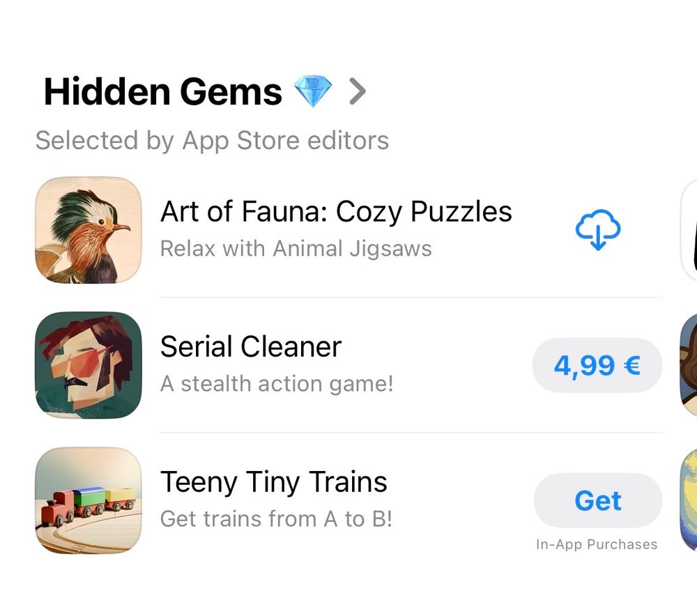 List called “Hidden Gems”, featuring “Art of Fauna”, “Serial Cleaner” and “Teeny Tiny Trains”