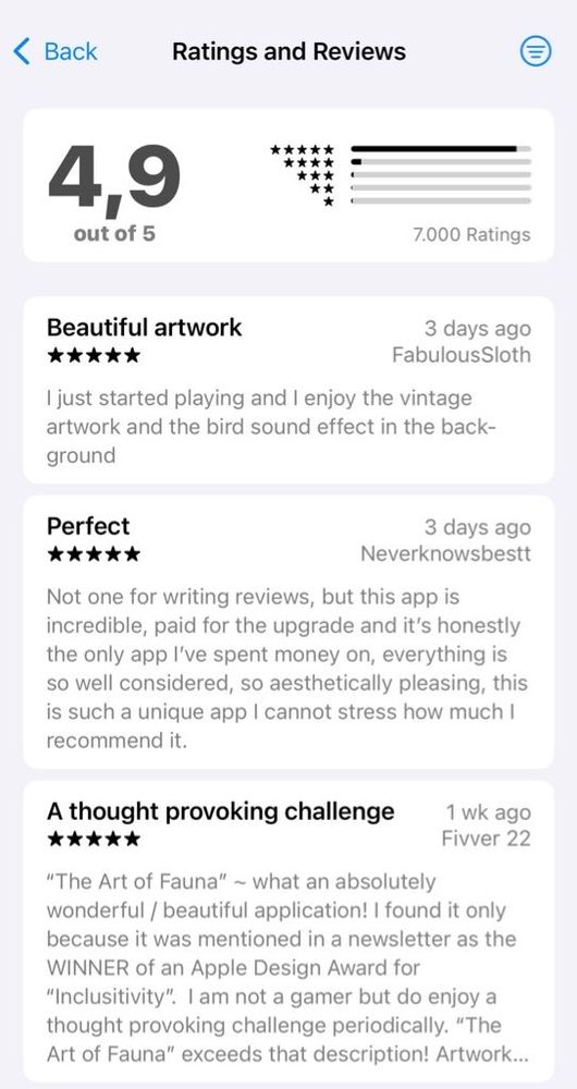 App review screen showing a 4.9 out of 5 rating with 7,000 reviews. Comments praise the app's artwork, sound effects, and design.