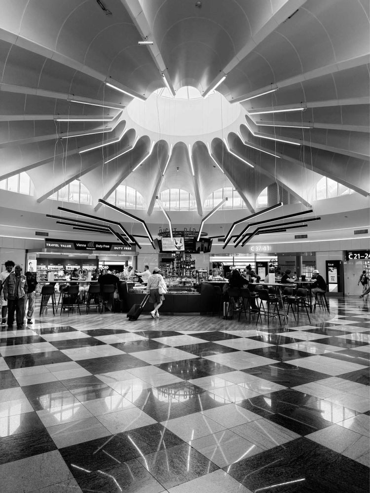 Spacious airport terminal with a domed ceiling featuring radial beams and skylights. People sit and stand near a central cafe. Reflective checkered floor adds a dynamic pattern. Numerous stores are visible in the background.