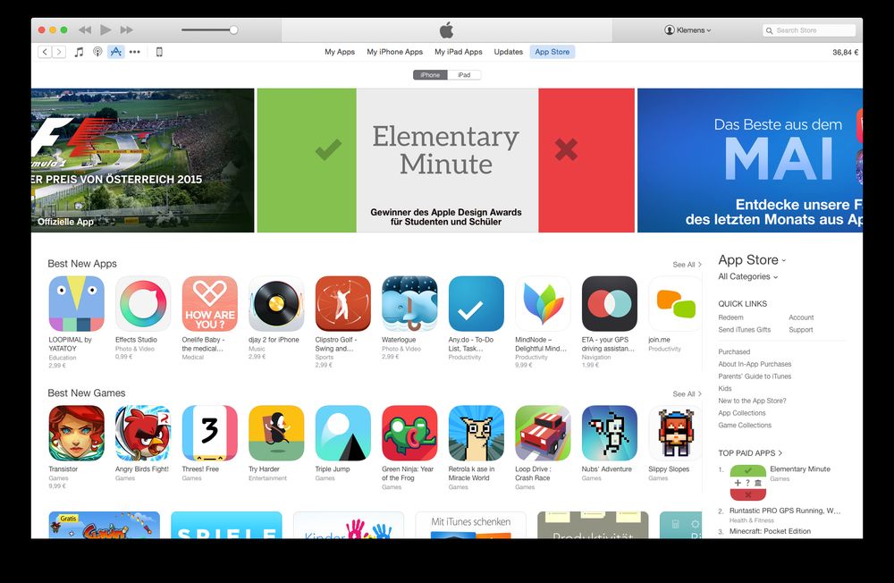 Screenshot of iTunes showing Elementary Minute, featured in the App Store.