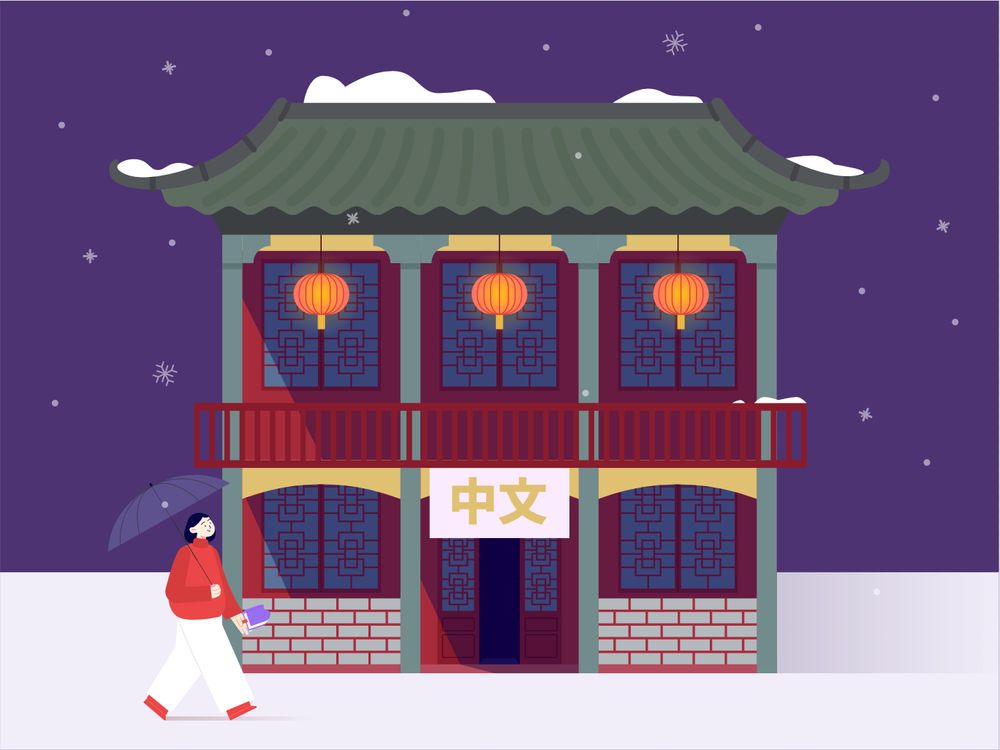 Chinese store with snow on the roof, snowing and a women walking, carrying a umbrella