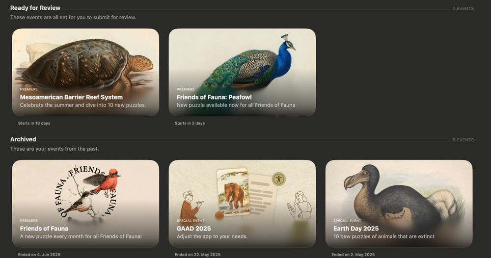 Events screen showing "Ready for Review" and "Archived" sections. Includes current events like "Mesoamerican Barrier Reef System" and "Friends of Fauna: Peafowl," plus past events such as "Friends of Fauna," "GAAD 2025," and "Earth Day 2025," each with unique images and details.