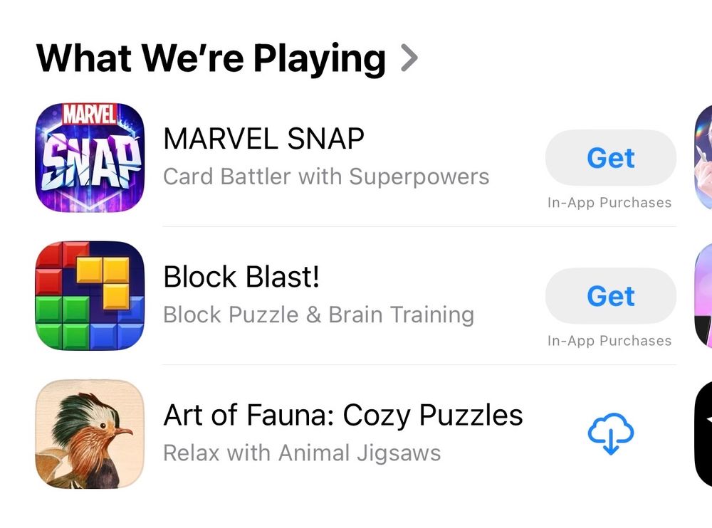 A list showing “what We’re Playing”, featuring Marvel Snap, Block Blast and Art of Fauna